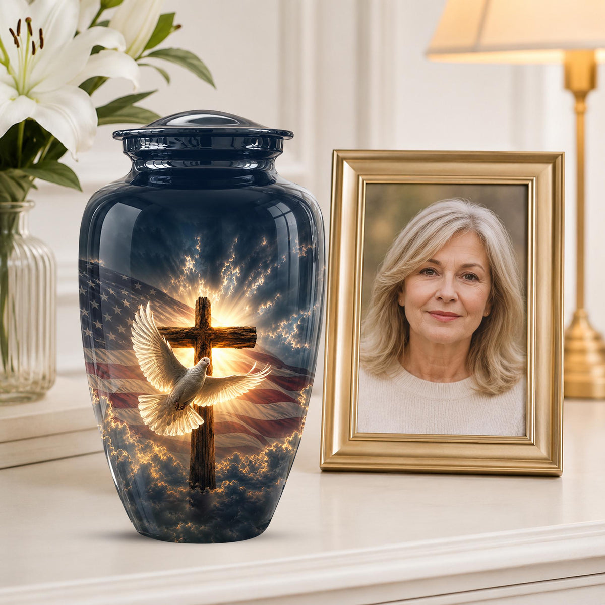 Personalized Christian Cremation Urn, American Flag Cross Memorial Keepsake