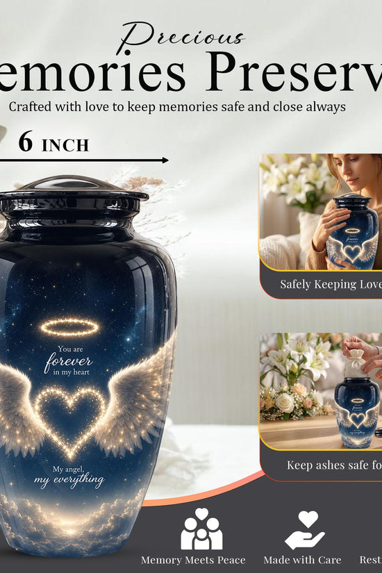 Forever in My Heart Memorial Urn - Personalized Angel Wings Cremation Urn,Custom Remembrance Keepsake