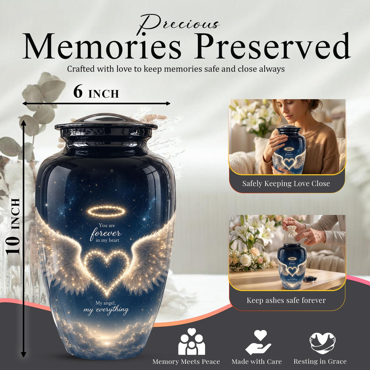 Forever in My Heart Memorial Urn - Personalized Angel Wings Cremation Urn,Custom Remembrance Keepsake