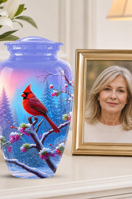 Personalized Red Cardinal Winter Urn for Ashes, Custom Memorial Keepsake