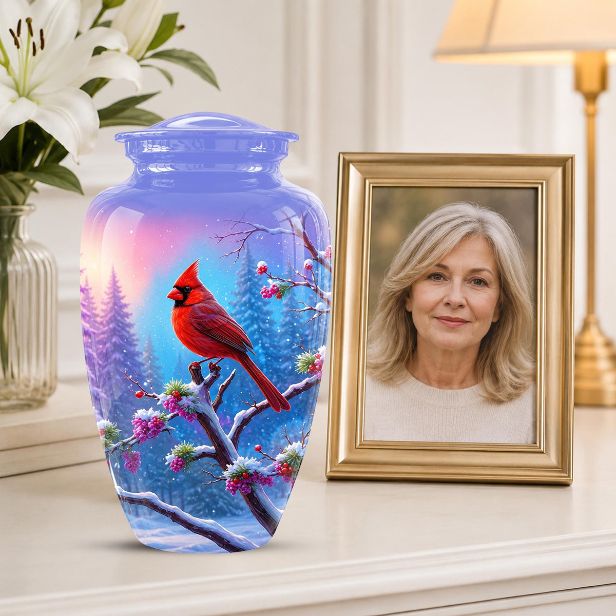 Personalized Red Cardinal Winter Urn for Ashes, Custom Memorial Keepsake