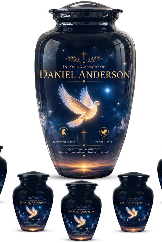 Personalized White Dove Cremation Urn - Christian Memorial Ashes Container (Custom Name & Dates)