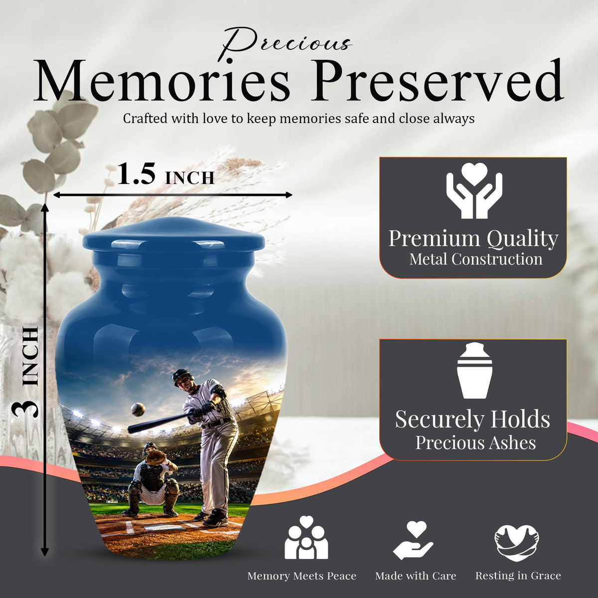 Baseball Cremation Urn for Ashes - Baseball Batter and Catcher Memorial Urn