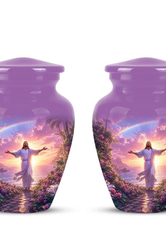 Personalized Jesus Cremation Urn for Ashes Jesus Christ - Rainbow Memorial Urn, Christian Sunset Tribute Urn