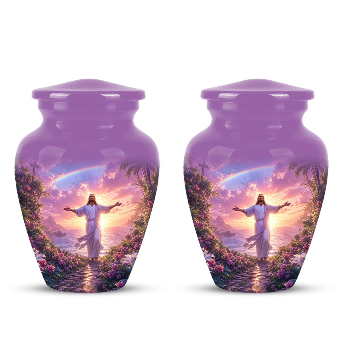Personalized Jesus Cremation Urn for Ashes Jesus Christ - Rainbow Memorial Urn, Christian Sunset Tribute Urn