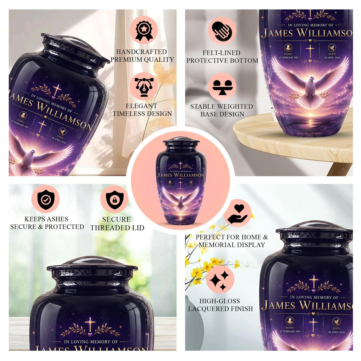 Personalized Purple Dove Cremation Urn - Peaceful Memorial Tribute (Adult)