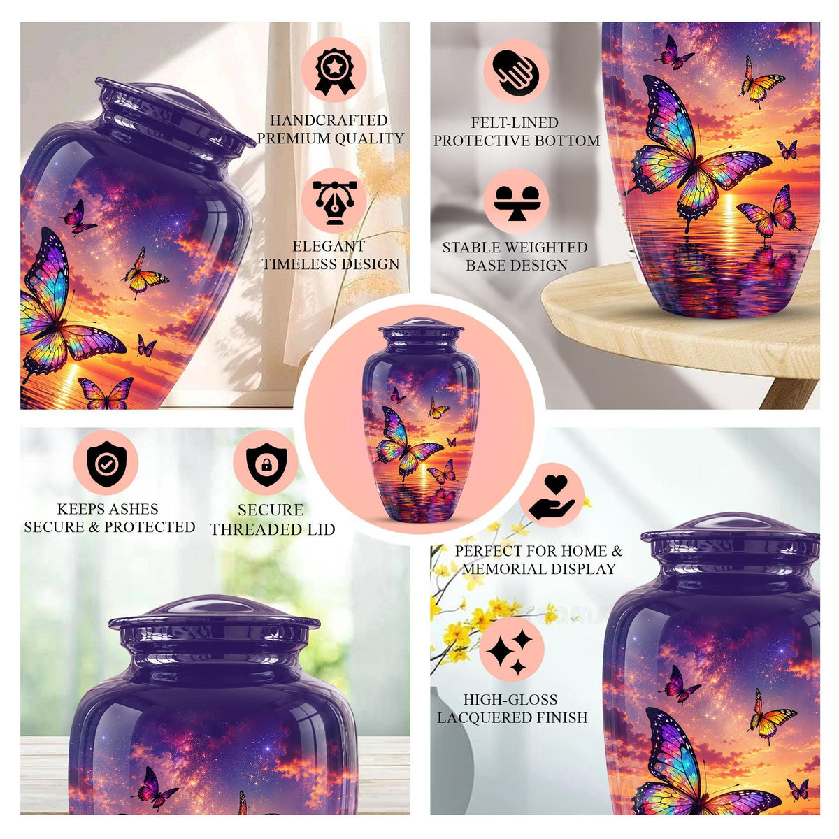 Personalized Butterfly Cremation Urn - Sunset Memorial Keepsake, Metal Ashes Urn