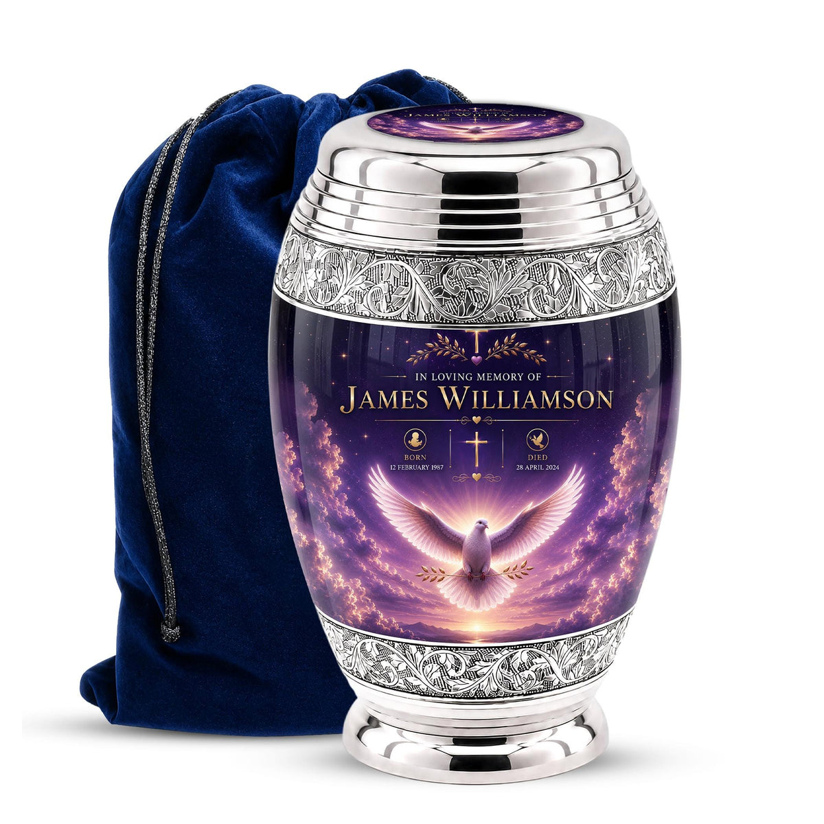 Personalized Dove Cremation Urn for Ashes - Purple Sunset Memorial Urn, Silver Ornate Funeral Urn,