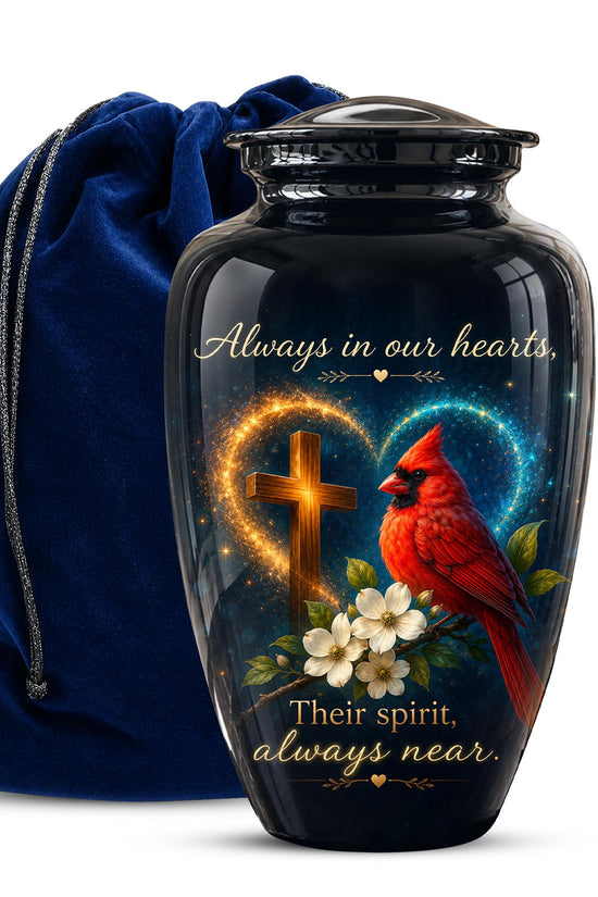 Cardinal Memorial Urn, Christian Cross, Adult Cremation Ashes, Glossy Metal Urn