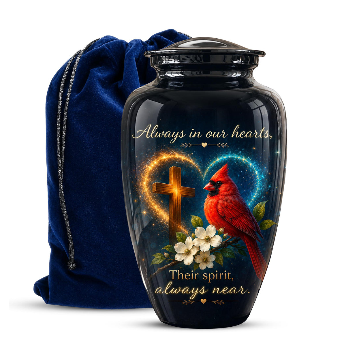 Cardinal Memorial Urn, Christian Cross, Adult Cremation Ashes, Glossy Metal Urn
