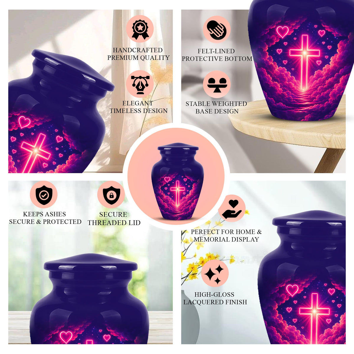 Christian Cremation Urn, Glowing Cross Memorial, Adult Ashes Urn, Religious Funeral Keepsake