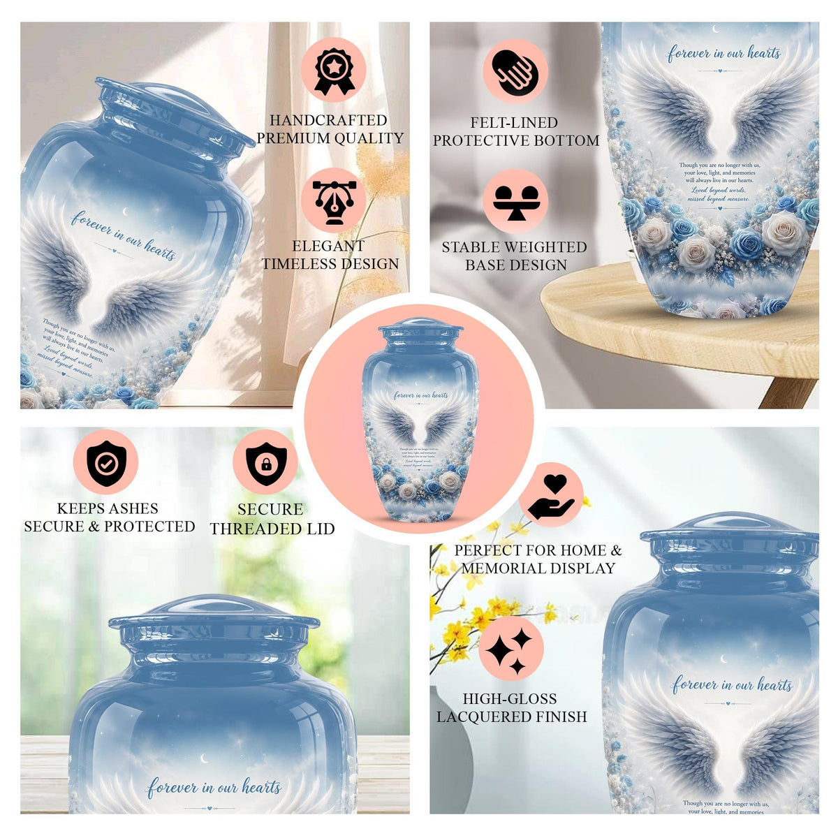 Personalized Angel Wings Cremation Urn - Blue Roses Memorial Keepsake Urn
