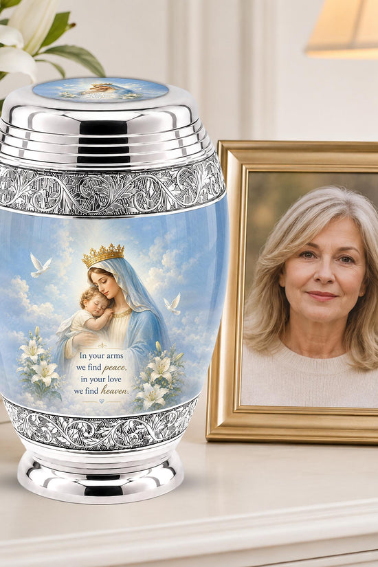 Personalized Virgin Mary Cremation Urn for Ashes - Mother and Child Catholic Memorial Urn, Mary and Jesus Religious Tribute