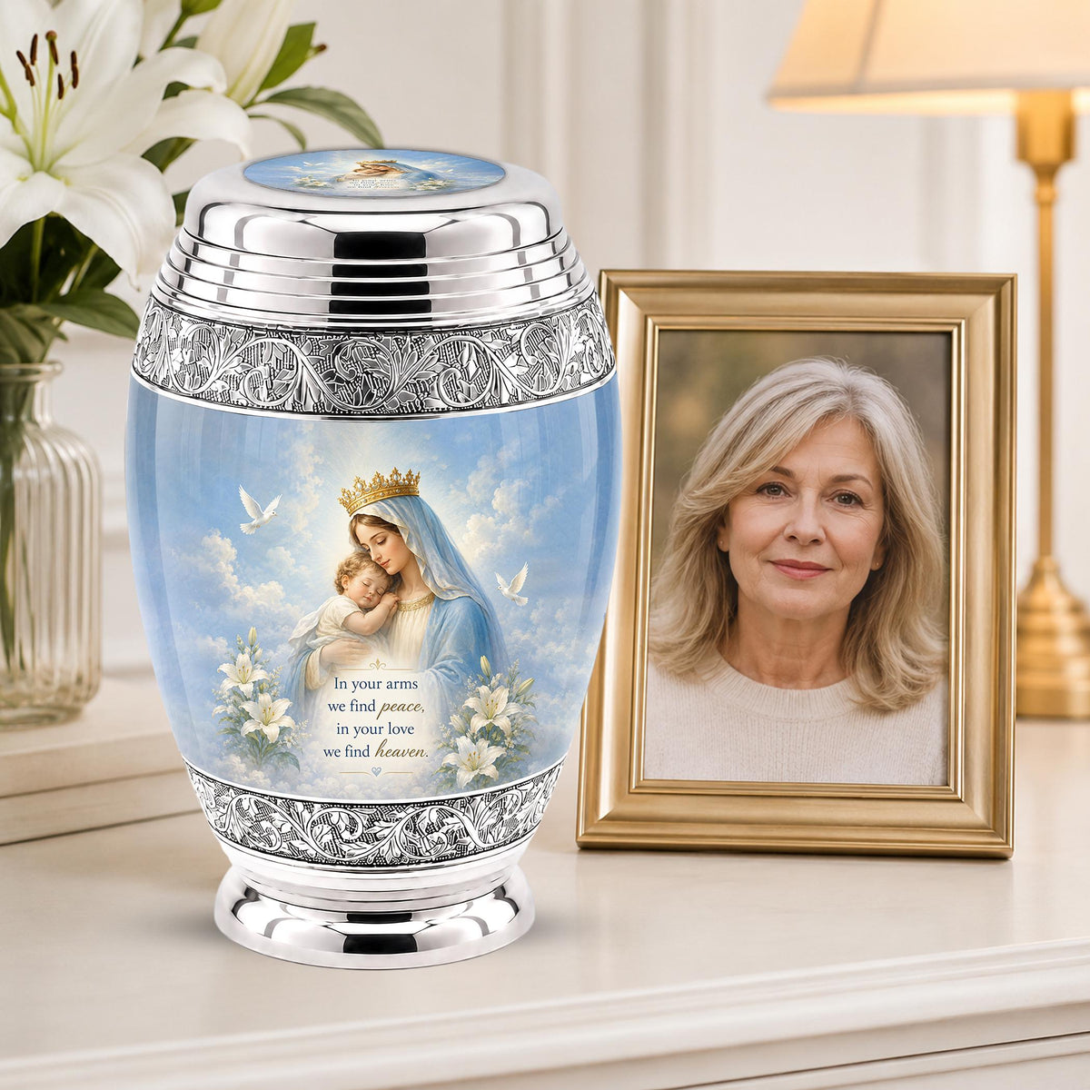 Personalized Virgin Mary Cremation Urn for Ashes - Mother and Child Catholic Memorial Urn, Mary and Jesus Religious Tribute