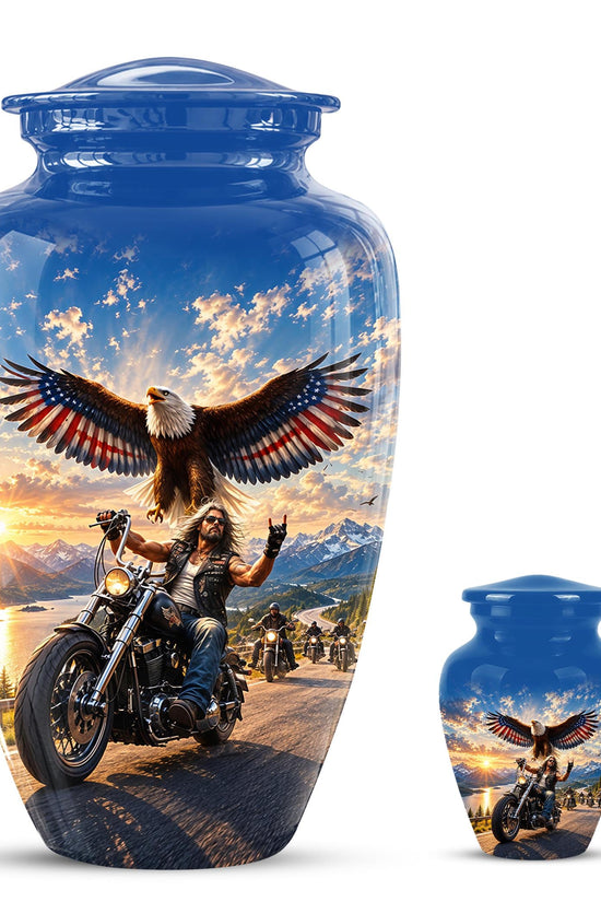 Motorcycle Eagle Cremation Urn for Ashes - Biker Memorial Urn, Blue Sky Sunset Motorcycle Tribute