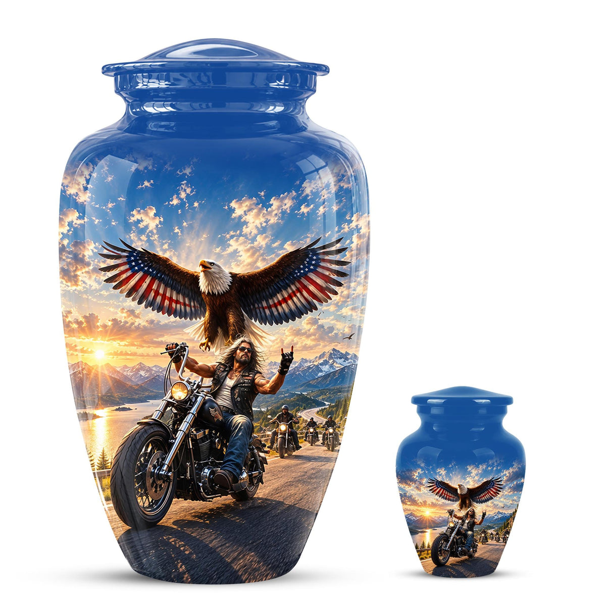 Motorcycle Eagle Cremation Urn for Ashes - Biker Memorial Urn, Blue Sky Sunset Motorcycle Tribute