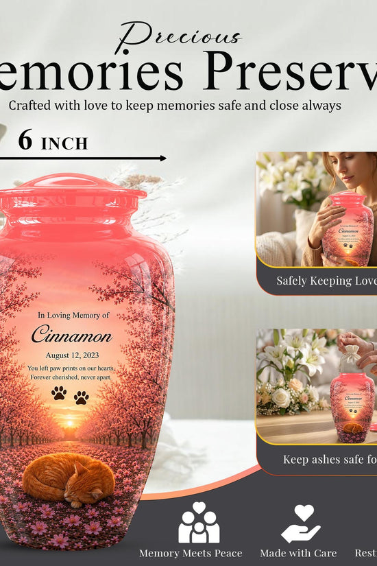 Personalized Pink Cat Memorial Urn, Sleeping Cat Keepsake, Pet Ashes (Custom Name)