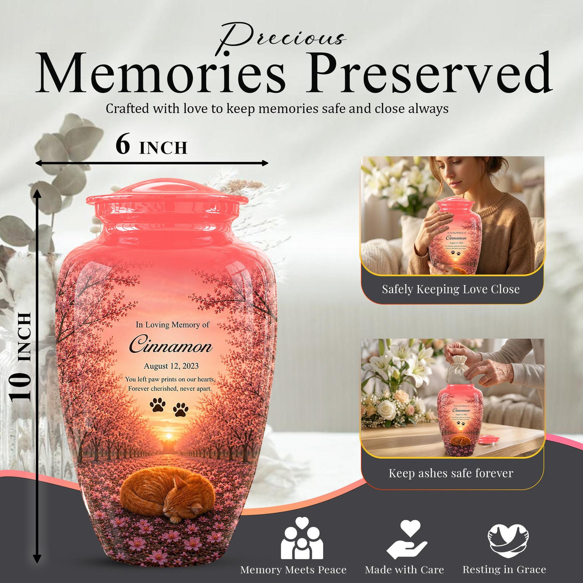 Personalized Pink Cat Memorial Urn, Sleeping Cat Keepsake, Pet Ashes (Custom Name)