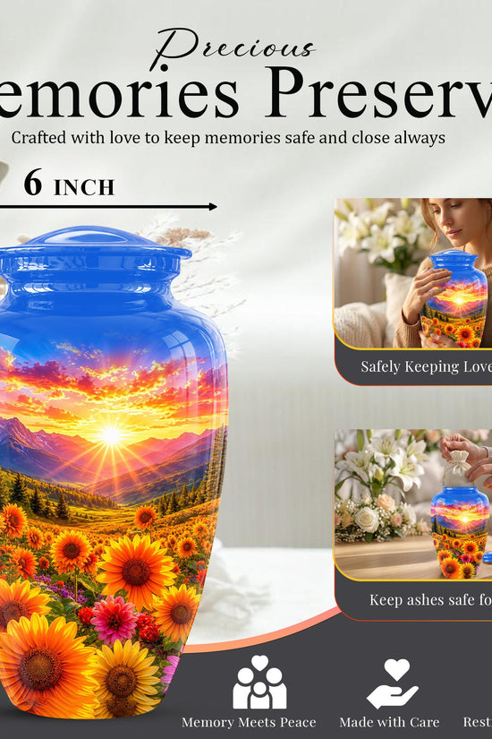 Personalized Sunflower Mountain Sunset Cremation Urn, Scenic Memorial Keepsake