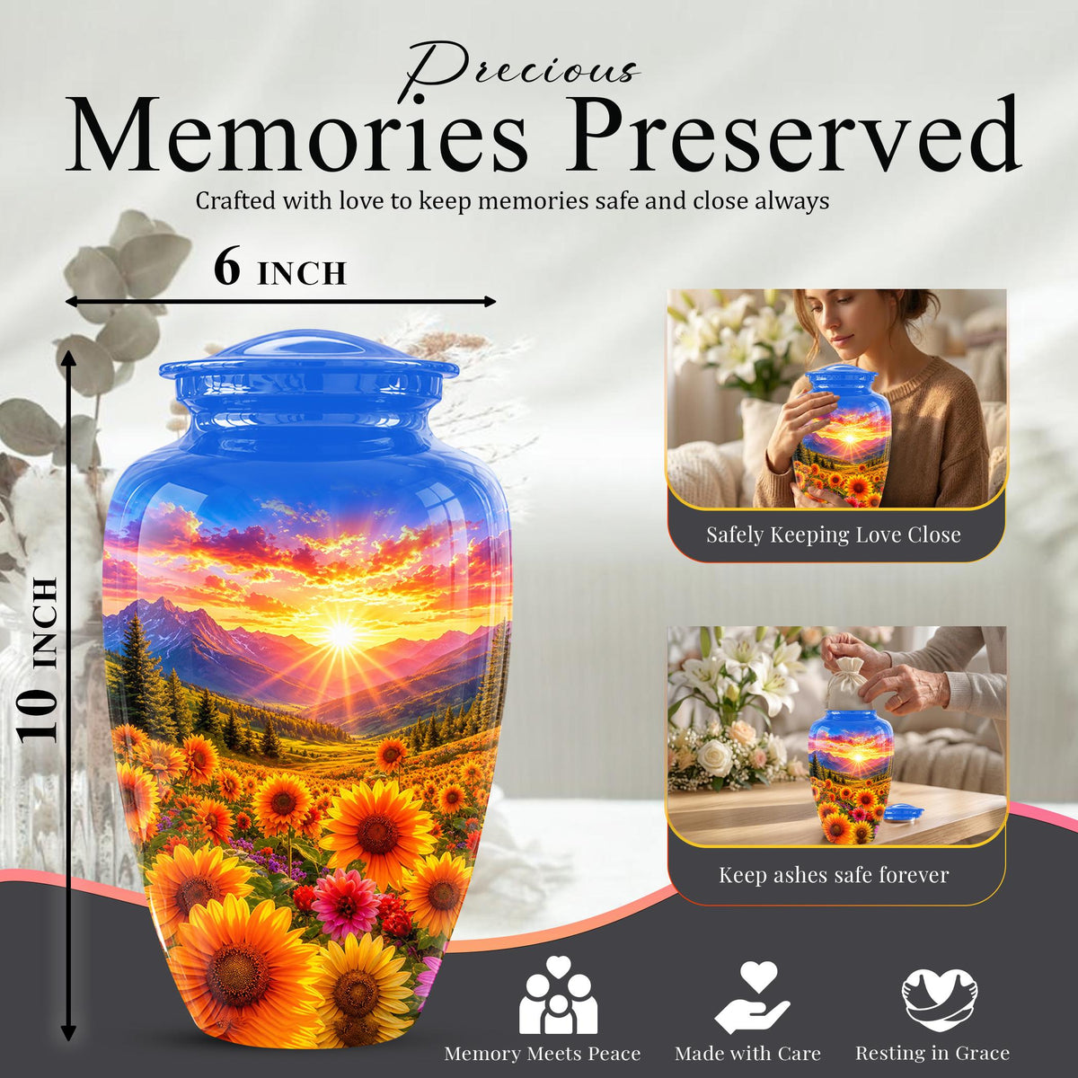 Personalized Sunflower Mountain Sunset Cremation Urn, Scenic Memorial Keepsake