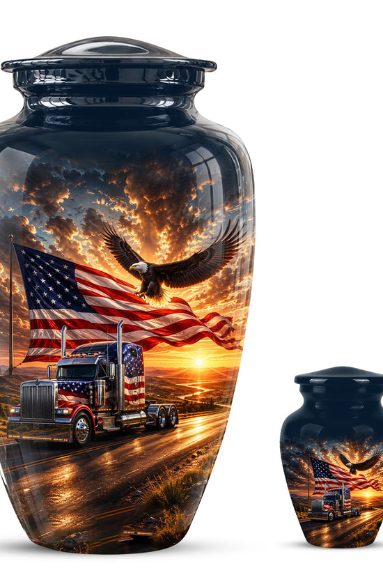 American Flag Truck Cremation Urn for Ashes - Semi Truck and Bald Eagle Memorial Urn