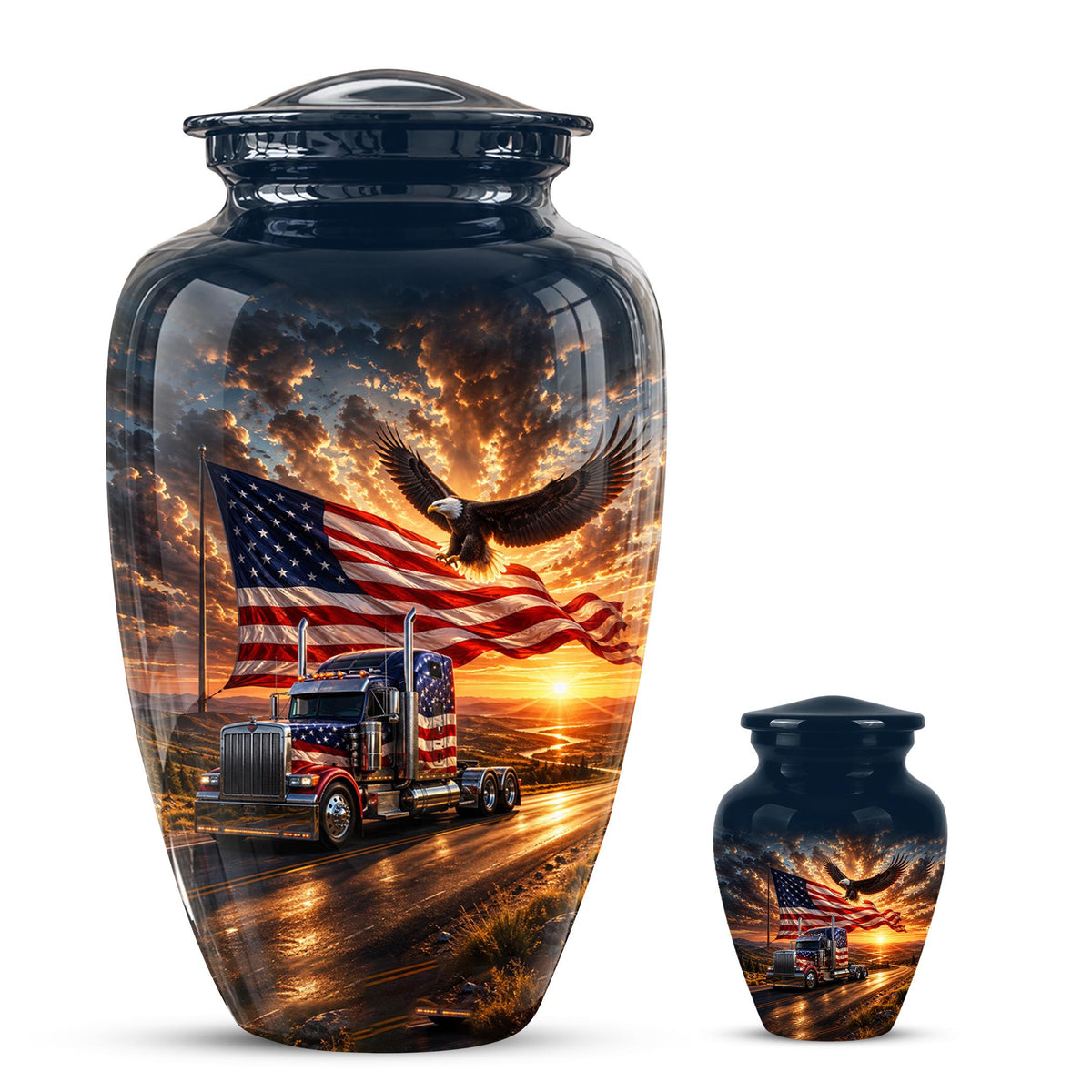 American Flag Truck Cremation Urn for Ashes - Semi Truck and Bald Eagle Memorial Urn