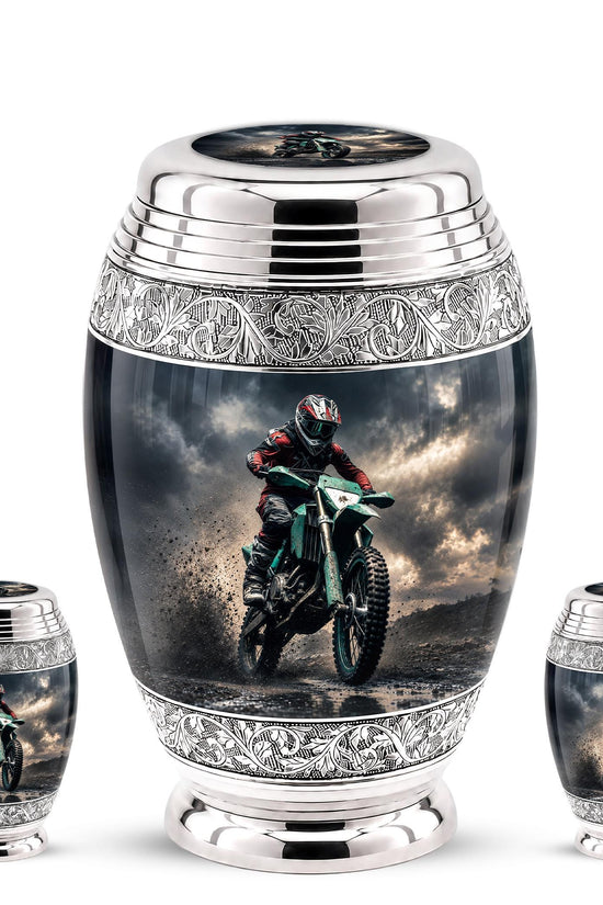 Personalized Motocross Rider Cremation Urn, Glossy Black Finish, Memorial Keepsake