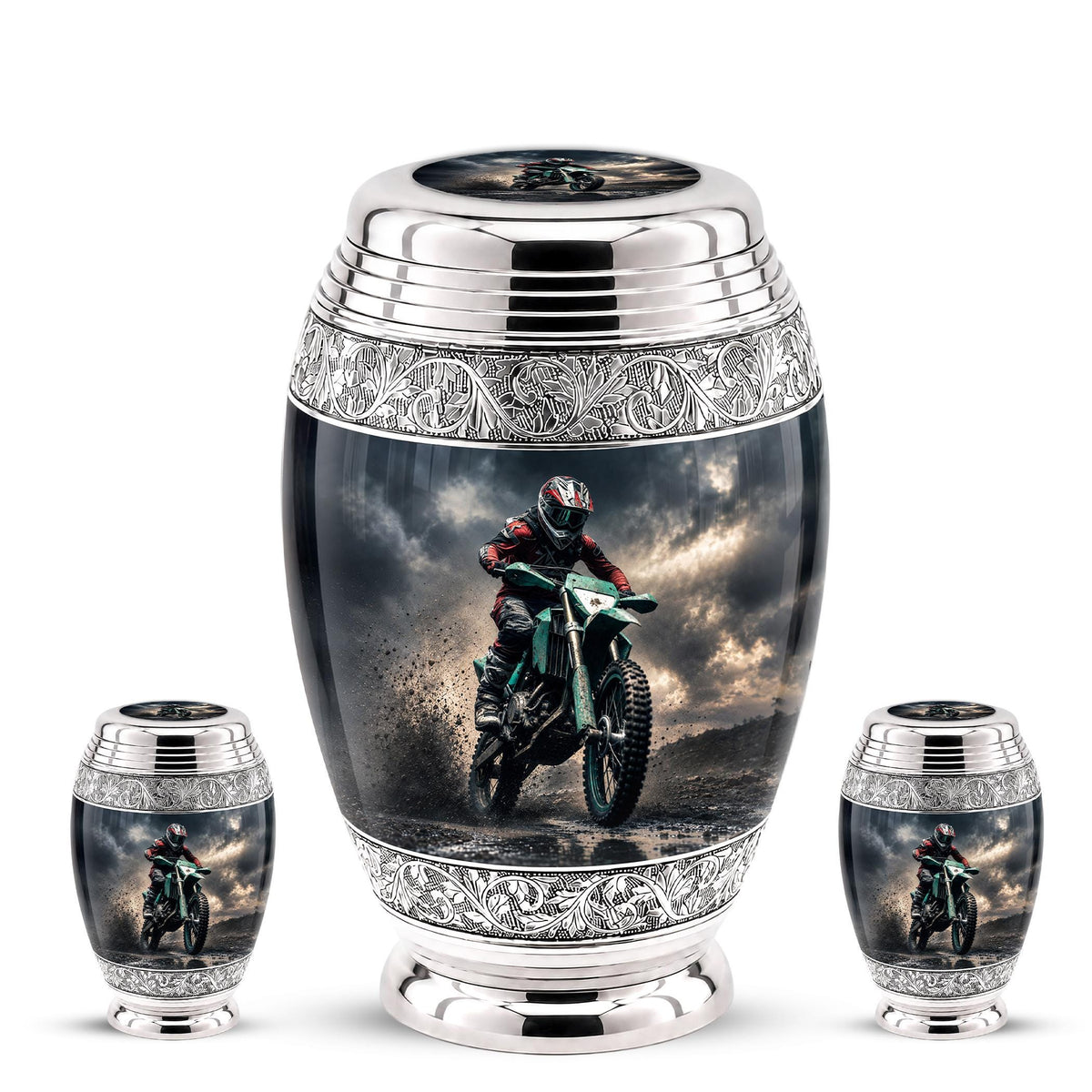 Personalized Motocross Rider Cremation Urn, Glossy Black Finish, Memorial Keepsake