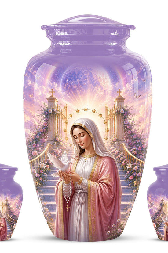 Personalized Virgin Mary Cremation Urn for Ashes - Our Lady of Grace Memorial Urn, Catholic Rosary Tribute