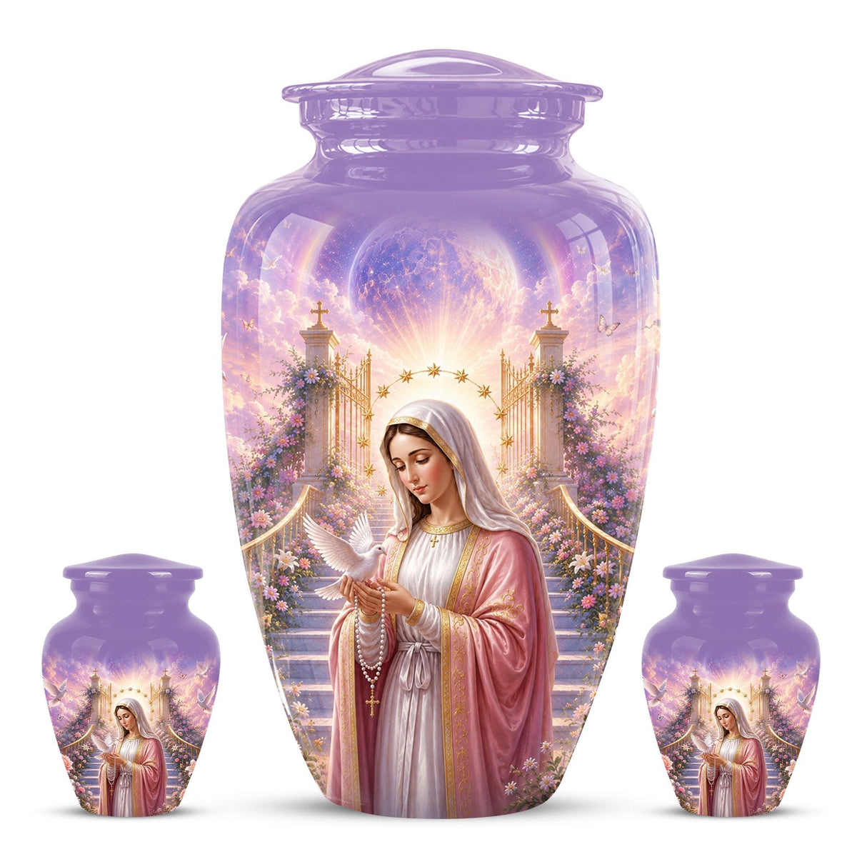 Personalized Virgin Mary Cremation Urn for Ashes - Our Lady of Grace Memorial Urn, Catholic Rosary Tribute