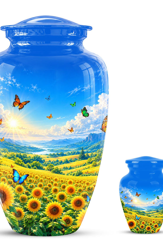 Butterfly and Sunflower Cremation Urn for Ashes - Blue Sky Floral Memorial Urn