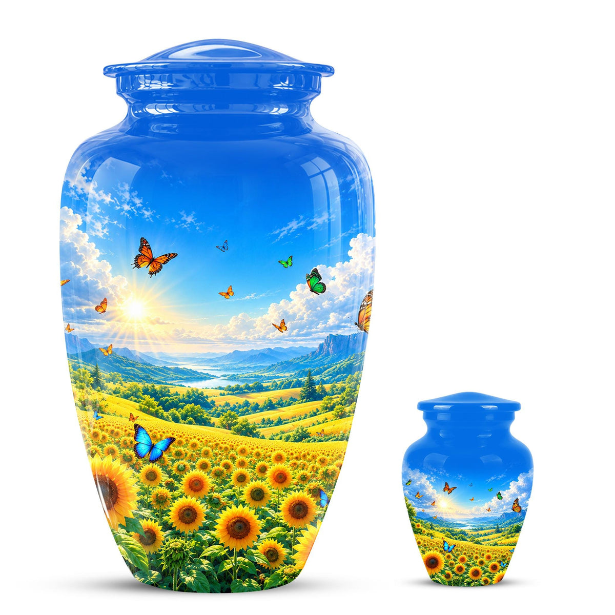 Butterfly and Sunflower Cremation Urn for Ashes - Blue Sky Floral Memorial Urn