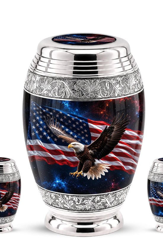 American Flag Eagle Cremation Urn for Ashes - Silver Patriotic Bald Eagle Memorial Urn