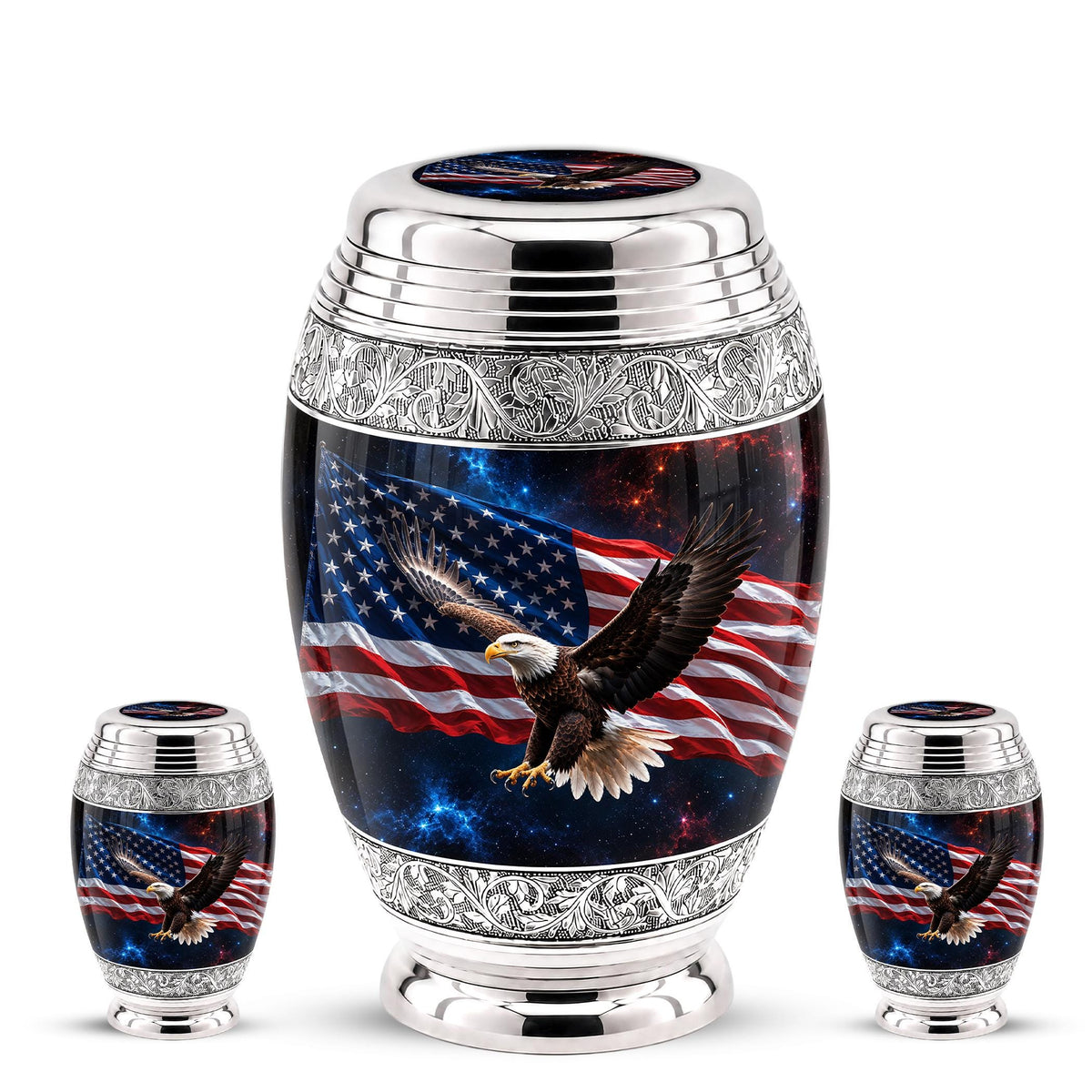 American Flag Eagle Cremation Urn for Ashes - Silver Patriotic Bald Eagle Memorial Urn