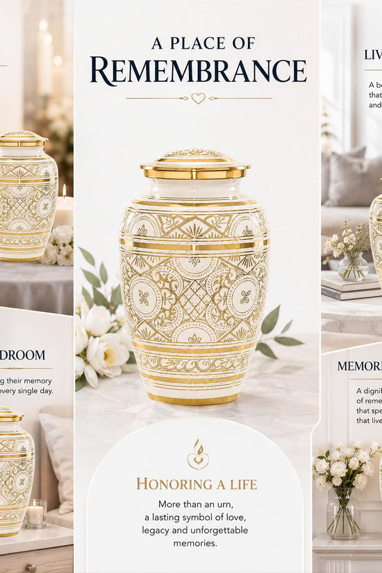Ivory and Gold Brass Cremation Urn for Ashes - White Ornamental Memorial Urn