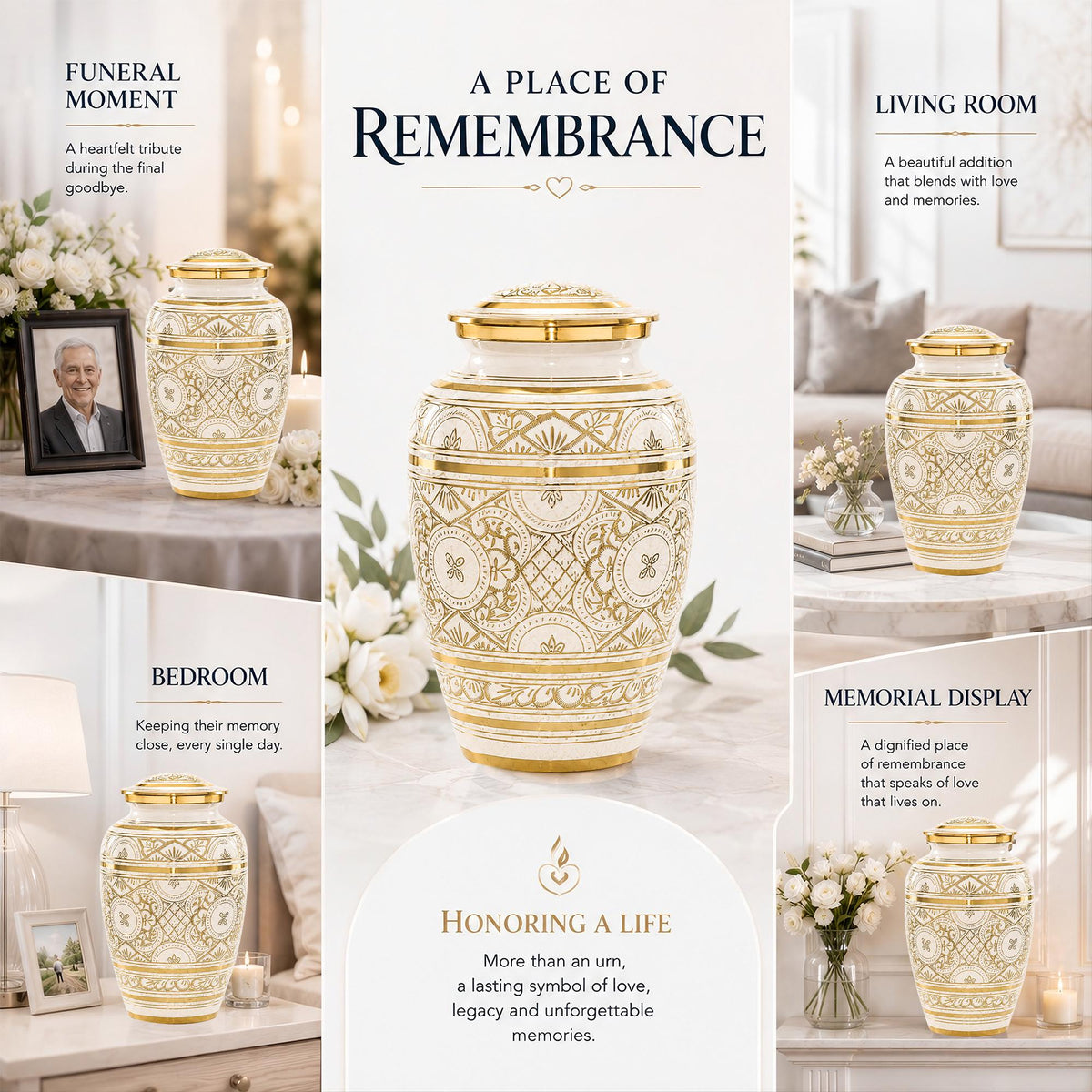 Ivory and Gold Brass Cremation Urn for Ashes - White Ornamental Memorial Urn