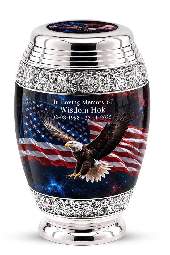 American Flag Eagle Cremation Urn for Ashes - Silver Patriotic Bald Eagle Memorial Urn