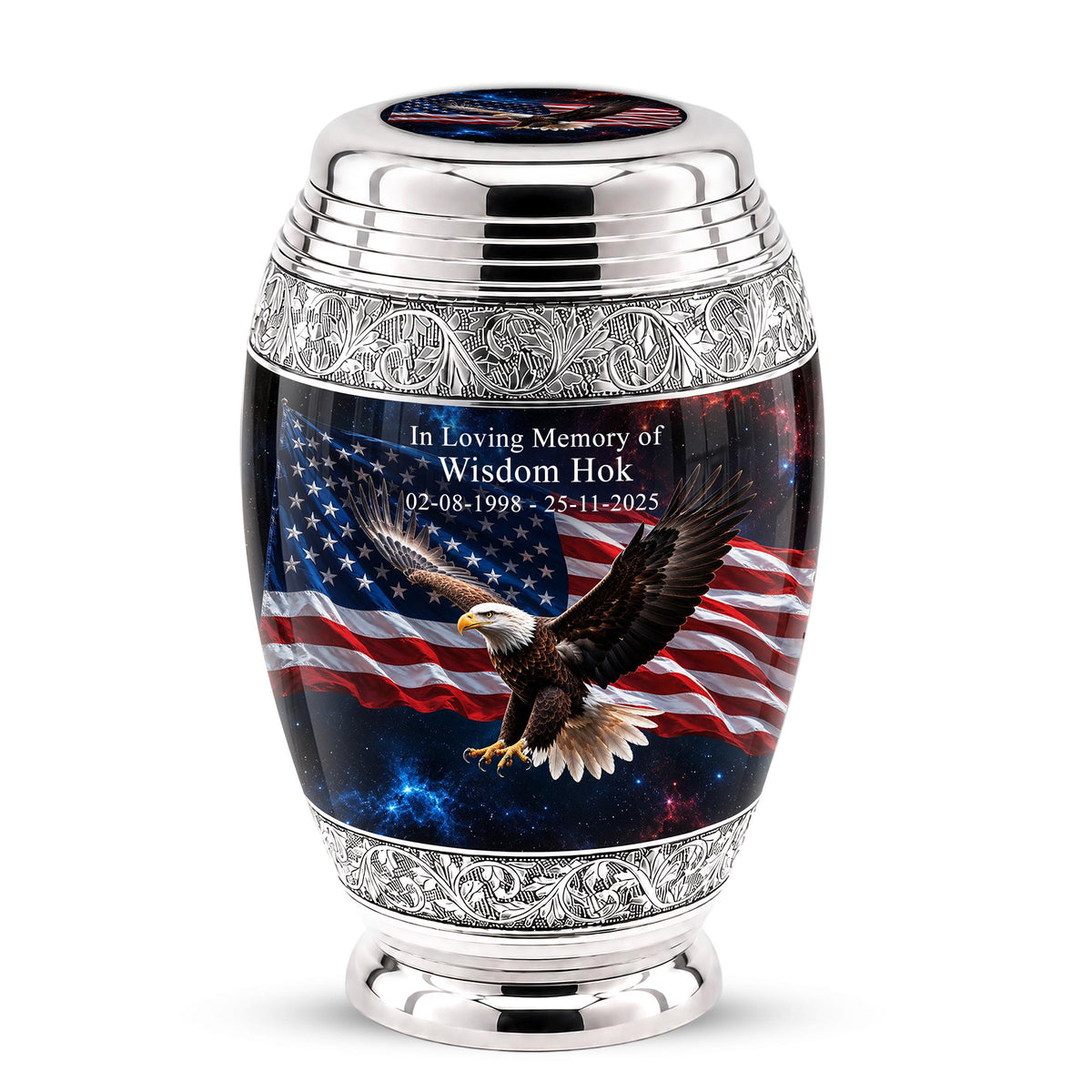 American Flag Eagle Cremation Urn for Ashes - Silver Patriotic Bald Eagle Memorial Urn