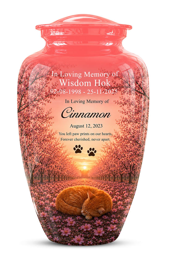 Personalized Pink Cat Memorial Urn, Sleeping Cat Keepsake, Pet Ashes (Custom Name)