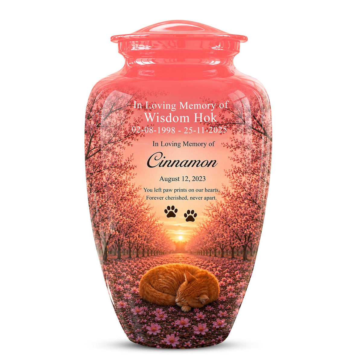 Personalized Pink Cat Memorial Urn, Sleeping Cat Keepsake, Pet Ashes (Custom Name)