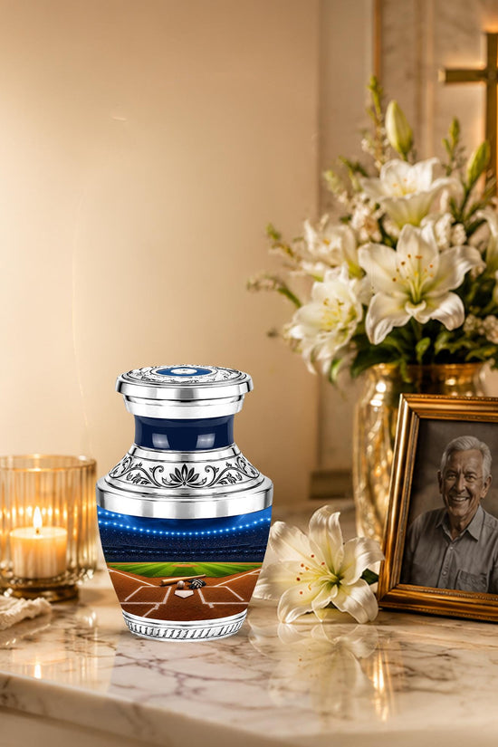 Baseball Cremation Urn for Ashes - Silver Baseball Stadium Memorial Urn