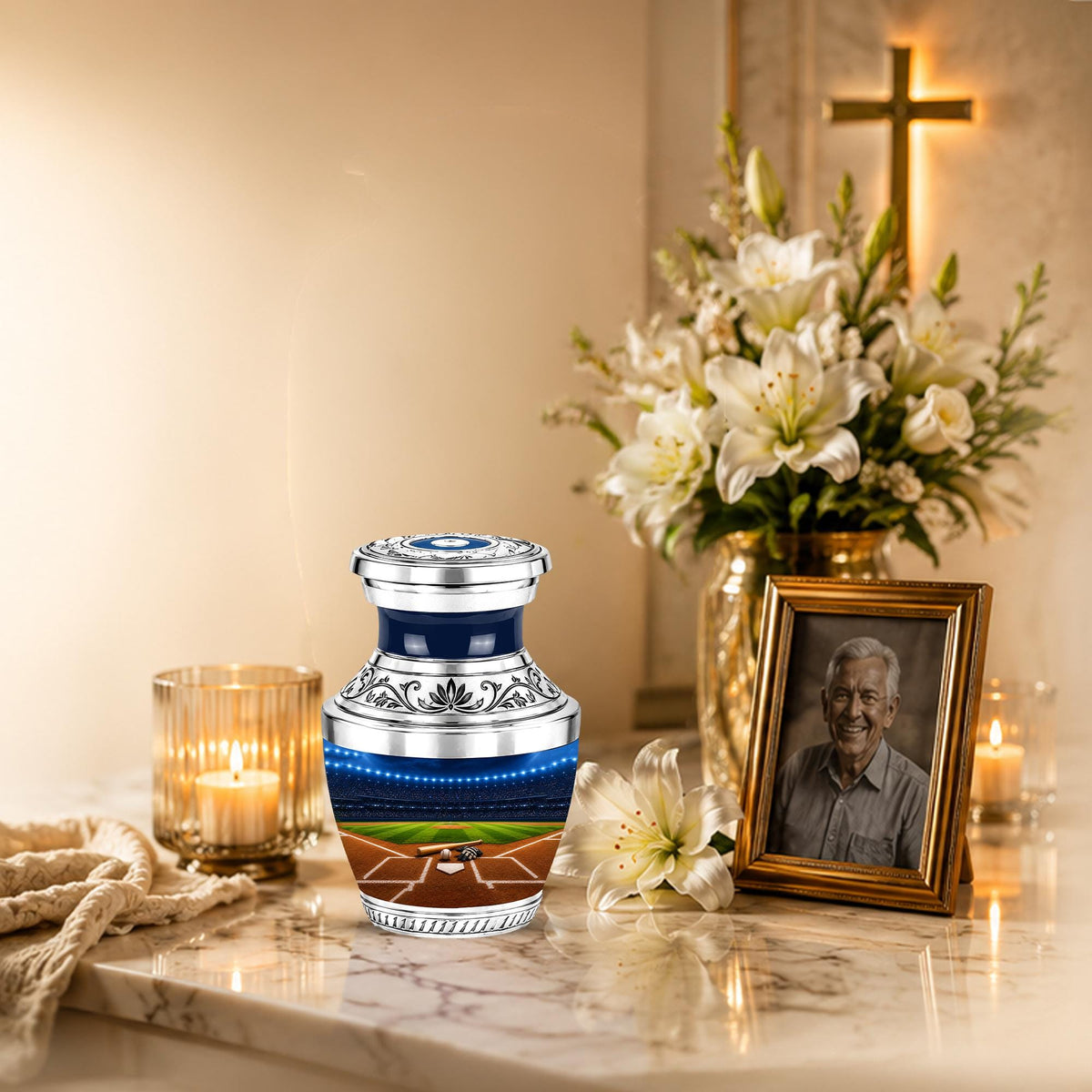 Baseball Cremation Urn for Ashes - Silver Baseball Stadium Memorial Urn
