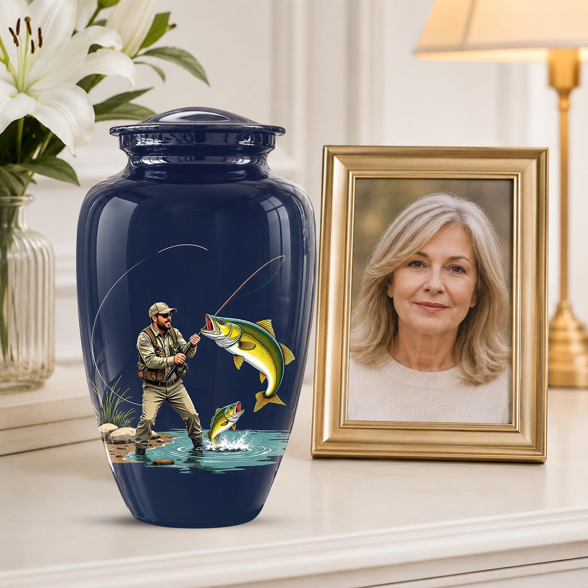 Personalized Fishing Cremation Urn for Ashes - Fisherman Memorial Urn, Fishing Tribute Urn