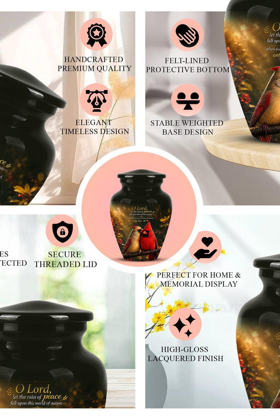Cardinal Cremation Urn, Vibrant Bird Memorial Tribute, Christian Peace Keepsake