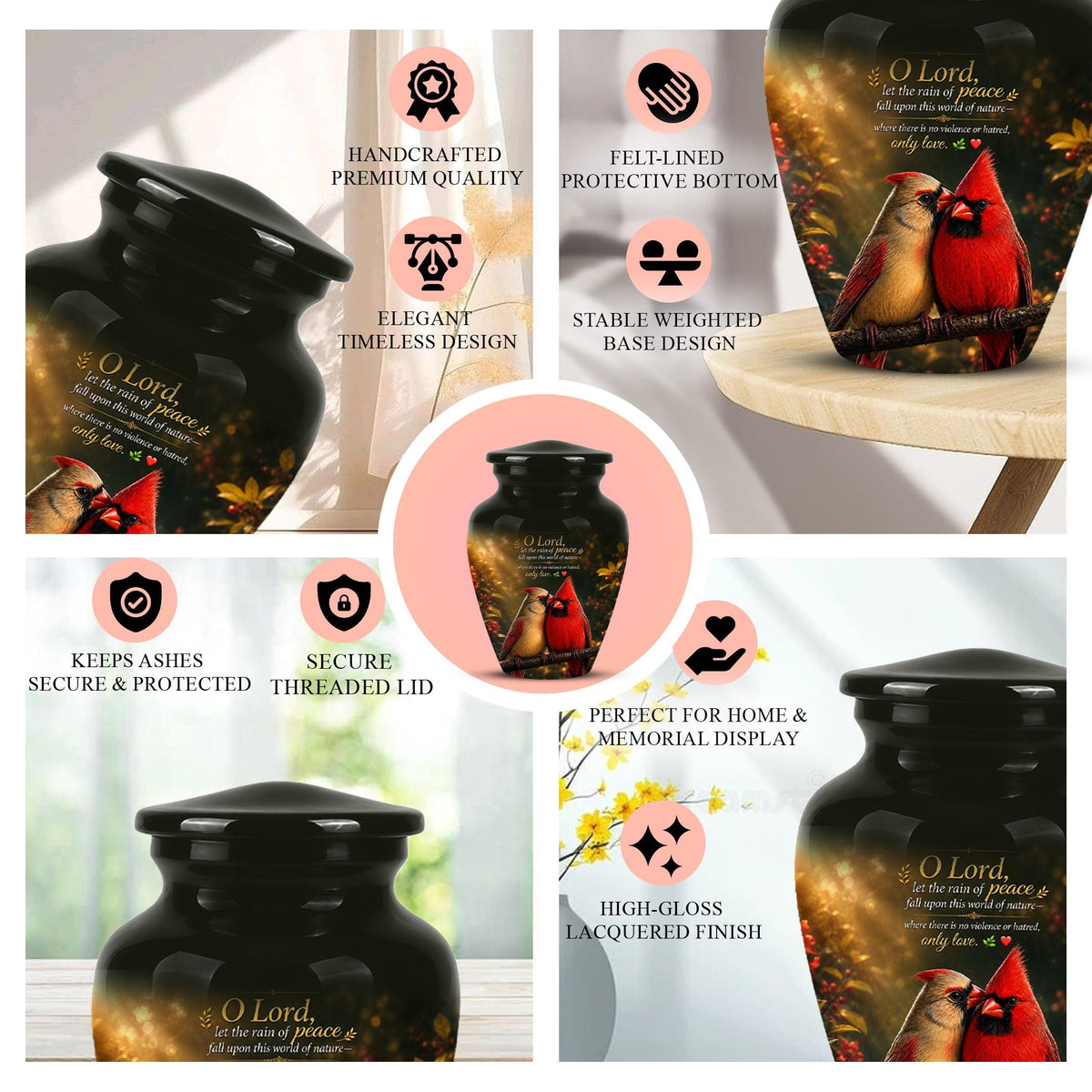 Cardinal Cremation Urn, Vibrant Bird Memorial Tribute, Christian Peace Keepsake