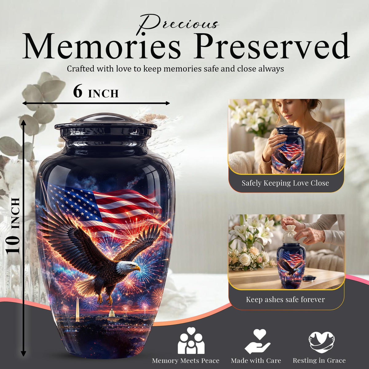 American Flag Eagle Cremation Urn for Ashes - Patriotic Bald Eagle Memorial Urn