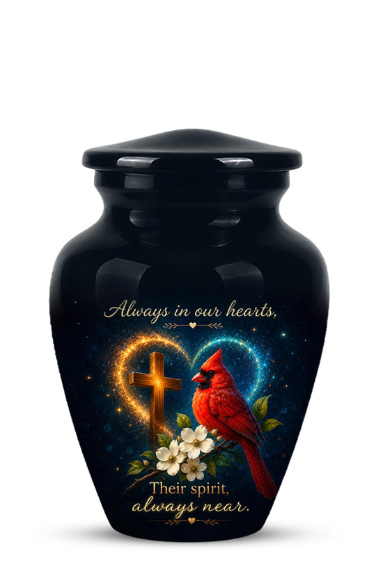 Cardinal Memorial Urn, Christian Cross, Adult Cremation Ashes, Glossy Metal Urn
