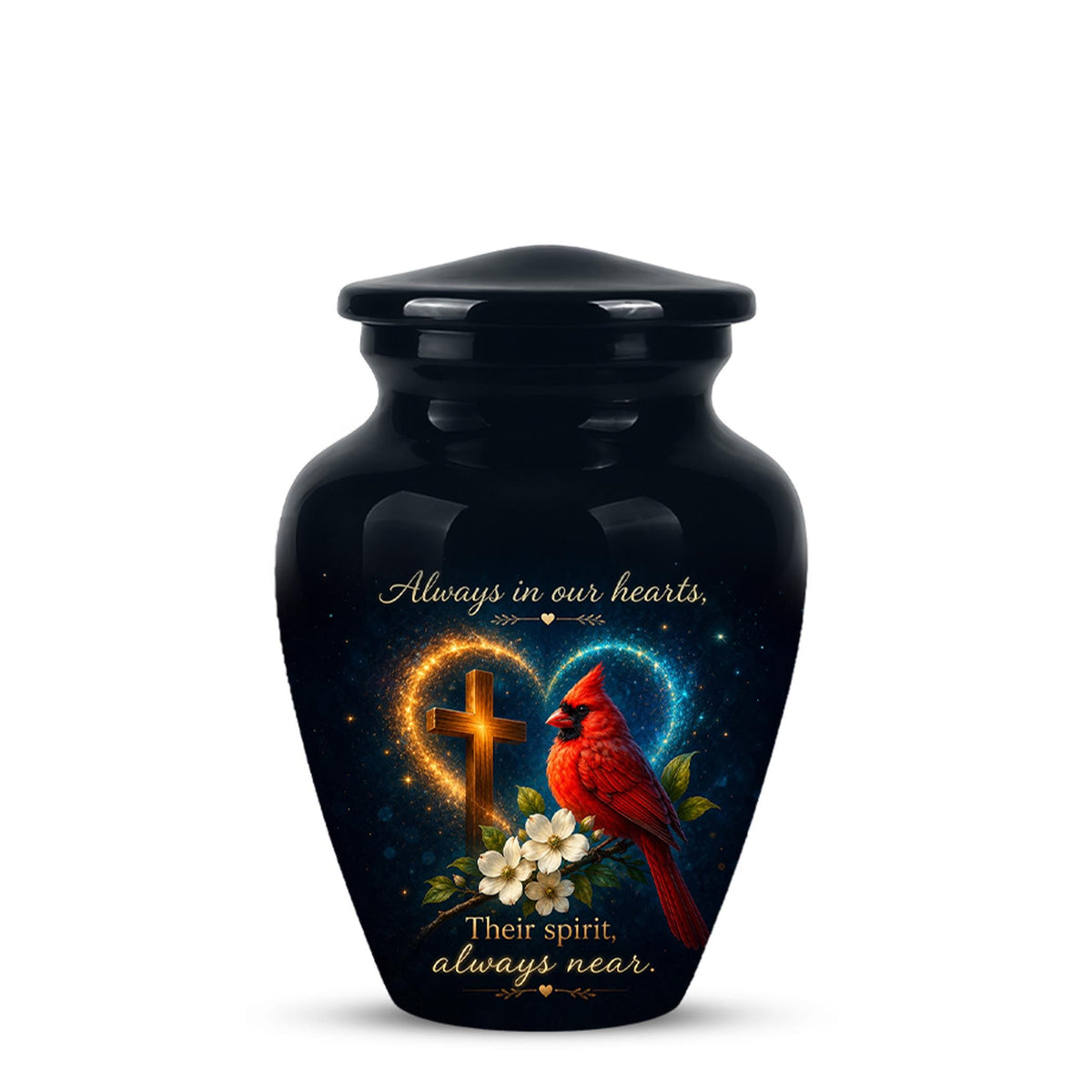 Cardinal Memorial Urn, Christian Cross, Adult Cremation Ashes, Glossy Metal Urn