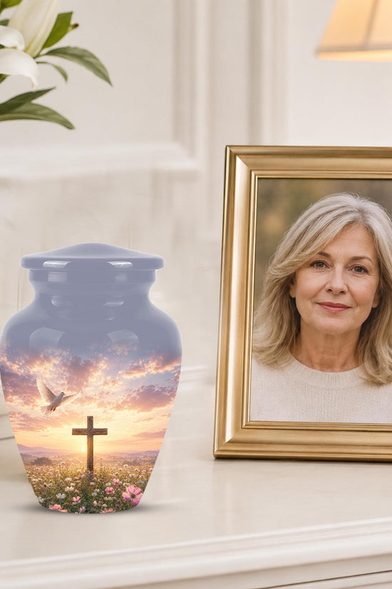 Personalized Christian Cross Urn | Dove, Sunrise, Wildflowers Memorial Keepsake
