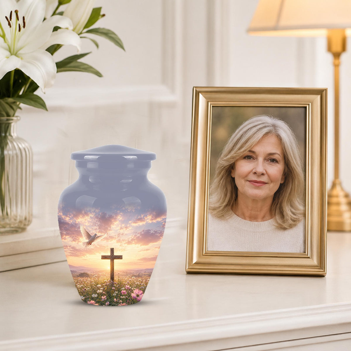 Personalized Christian Cross Urn | Dove, Sunrise, Wildflowers Memorial Keepsake